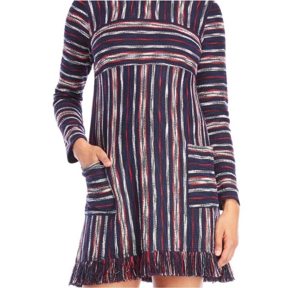 BCBGMAXAZRIA Womens Multicolor Striped Fringe Long Sleeve Sweater Dress Size M